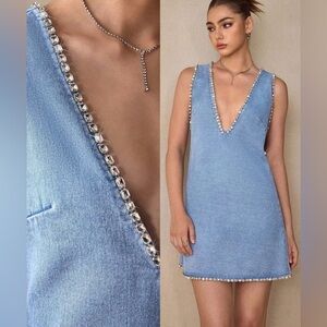 SHEIN denim crystal XS rhinestone silver mini dress extra small women